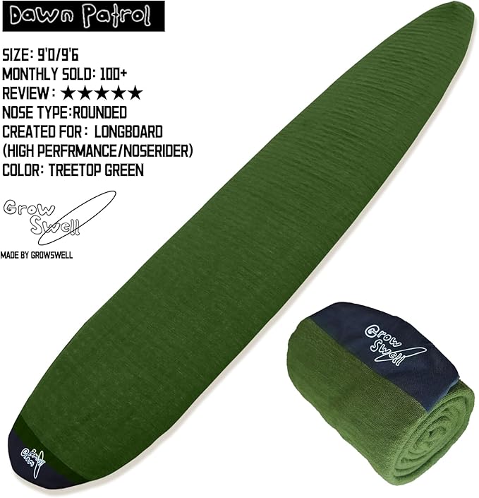 GrowSwell fabric Sock for Surfboard, Treetop Green Surfboard Cover, Surfboard Protection from Scratches, Dings, Wax, UPF 50+ proteciton, Keep 30°F cooler when covered