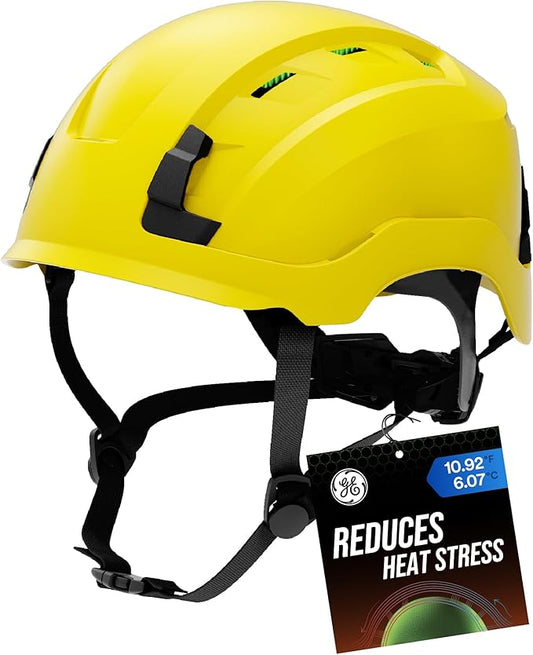 GE Safety Helmet, Impact Absorbing Tech, Adjustable Ratchet, ANSI Type 1, Memory Foam Padding, Hard Hats Protection, Lightweight, Durable, Chin Strap, Comfortable Fit OSHA Approved