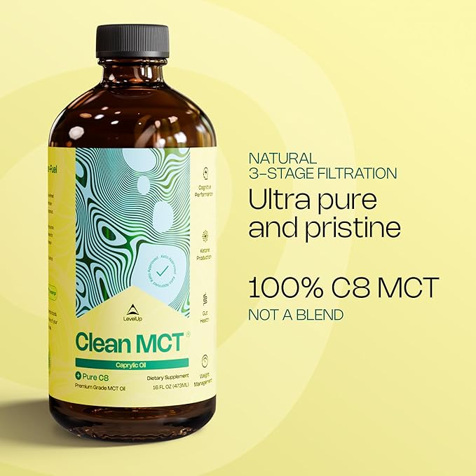 LevelUp Clean MCT Oil - 100% Caprylic C8 for Energy, Focus, Weight Management, Gut Health, Brain Superfuel - Keto Supplement for Ketogenic Coffee and Ketones - Non-GMO (16 oz Glass Bottle)