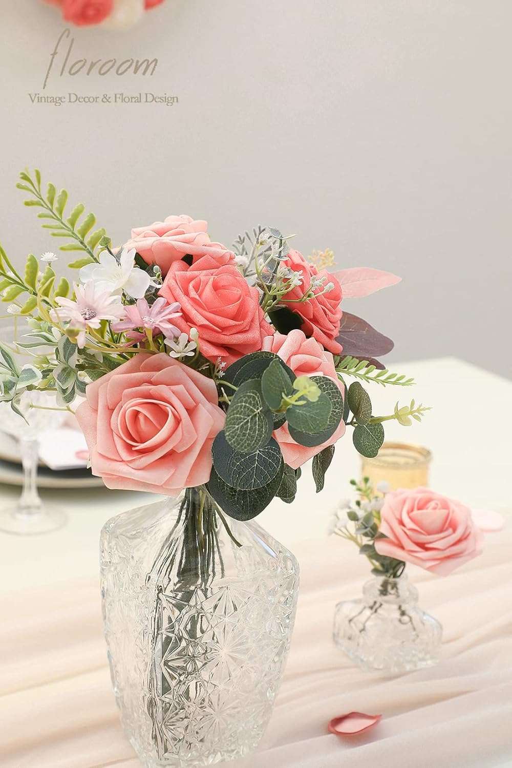 Floroom Artificial Flowers 50pcs Real Looking Mixed Living Coral Foam Fake Roses with Stems for DIY Wedding Bouquets Bridal Shower Centerpieces Floral Arrangements Party Tables Home Decorations