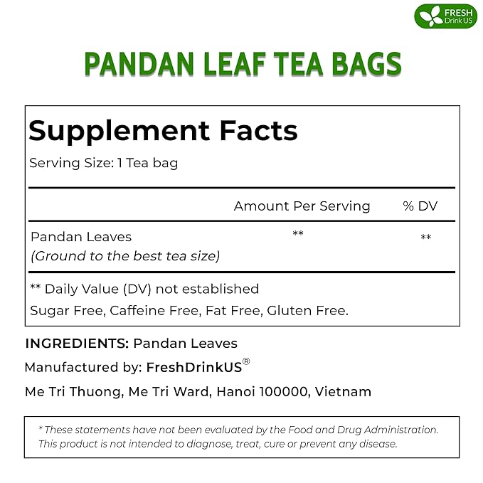 FreshDrinkUS, Premium 30 Pandan Leaf Tea Bags, 100% Natural & Pure from Pandan Leaves. Loose Leaf Pandan Herbal Tea. Made with Natural Material Tea Bags. No Sugar, No Caffeine, No Gluten, Vegan. (30 Tea bags)