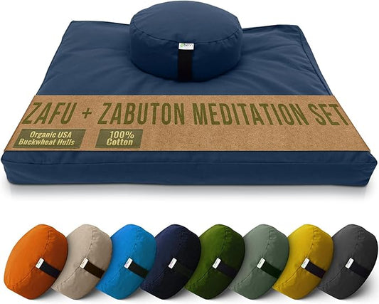 Bean Products Meditation Cushion Mat Set - Zafu Floor Pillow Organic Buckwheat Pillow + Cotton Filled Zabuton Prayer Pad - Meditation Pillow Yoga Knee Pad - Made in USA - 14" Round or 18" Oval