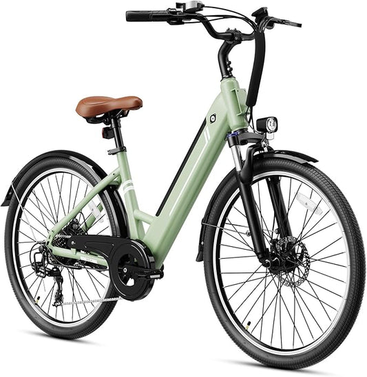 Jasion YC1/ST 26" Electric Bike, 750W Peak Motor, Step-Through Ebike for Adults, 360WH Removable Battery, Up to 40miles, Max 23MPH Urban Commuter E-Bike, 7 Speeds & Front Suspension