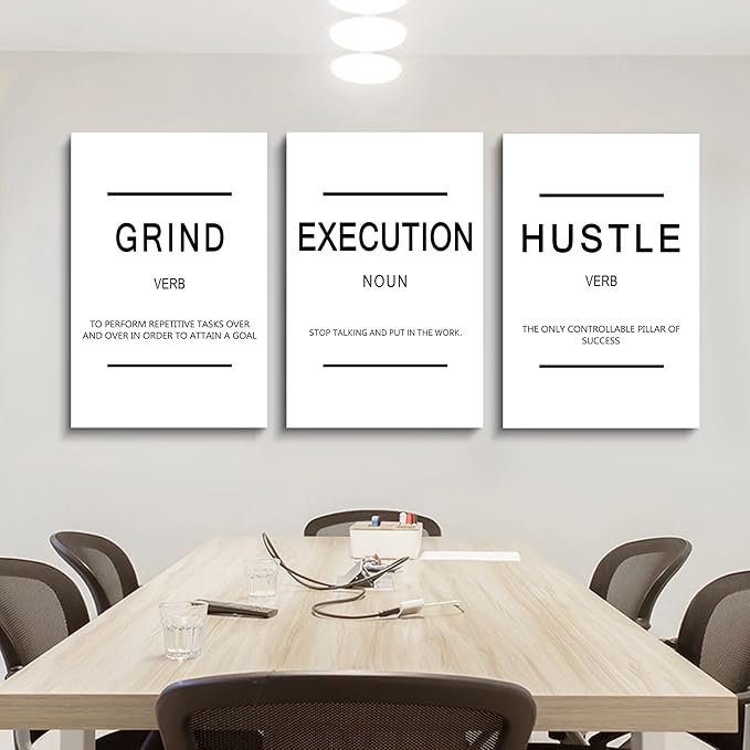 Framed Canvas Wall Art Success Quote, Office Wall Art, Black Large Poster, Positive Motivational Set of 3 Prints, Grind Execution Hustle Poster, Inspirational Print (C-3pcs,24x36inchx3pcs)