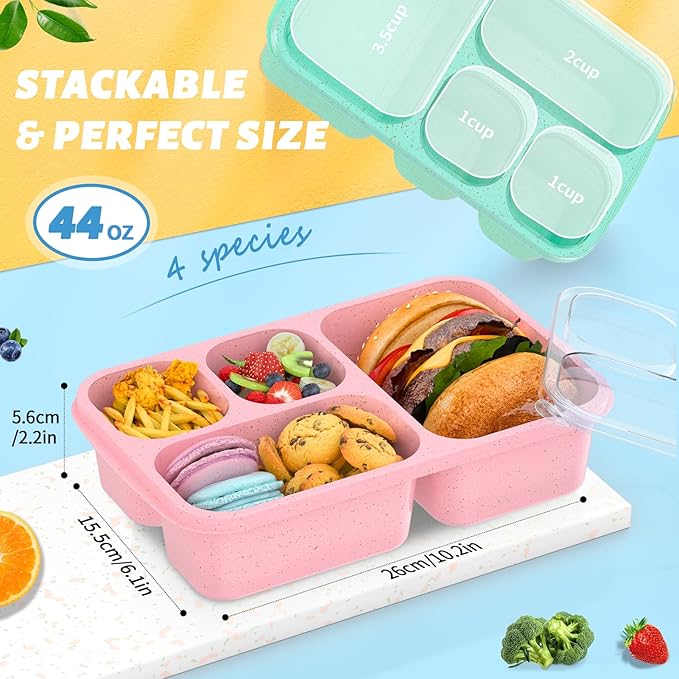 Large Capacity Bento Box for Adults, 4-Piece Set – Stackable Lunch Box with 4 Compartments, Microwave & Dishwasher Safe, Reusable Meal Prep Containers, Snack Containers for Kids & Adults (4 Colors)