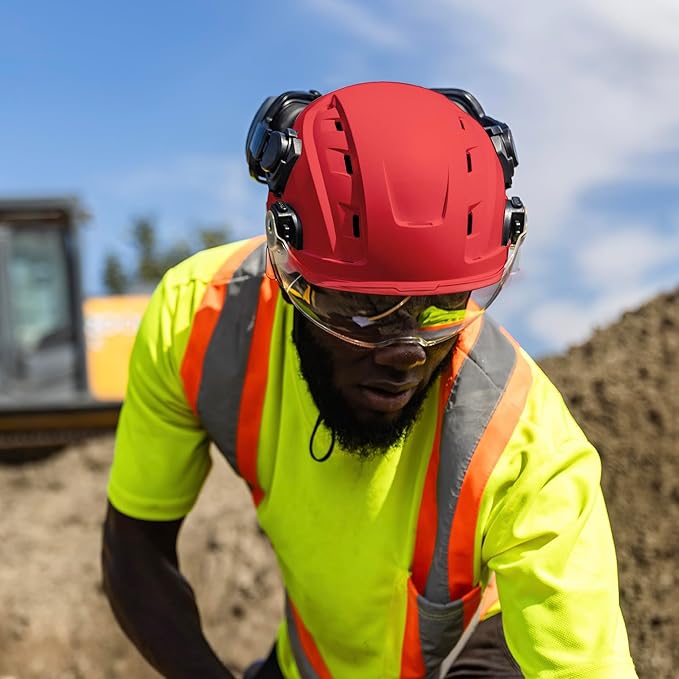 GE Safety Helmet, Impact Absorbing Tech, Adjustable Ratchet, ANSI Type 1, Memory Foam Padding, Hard Hats Protection, Lightweight, Durable, Chin Strap, Comfortable Fit OSHA Approved