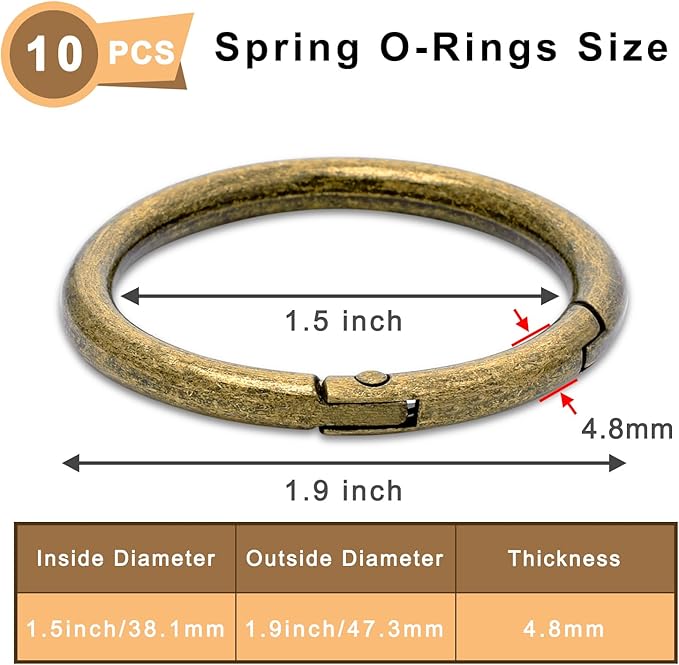 10Pack 1-1/2" Large Round Carabiner Clips, Metal Spring O Rings for Organizer Key Rings, Paracord Keychain Lanyard, Pet Chains, Purse Hardware, Key Snap Hooks DIY Accessory (Bronze)