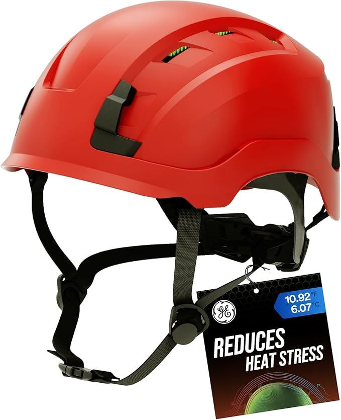 GE Safety Helmet, Impact Absorbing Tech, Adjustable Ratchet, ANSI Type 1, Memory Foam Padding, Hard Hats Protection, Lightweight, Durable, Chin Strap, Comfortable Fit OSHA Approved