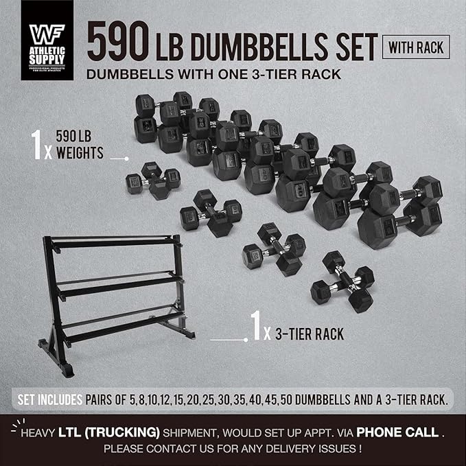 WF Athletic Supply Rubber Encased Hex Dumbbells with Rubber Grip Contoured Handle for Muscle Toning, Strength Building & Full Body Workout