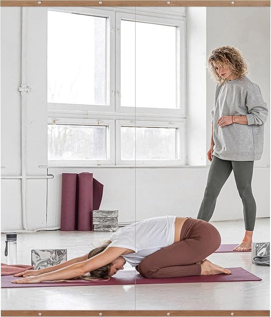 Hasipu 2Pcs 63''x28'' Home Gym Mirror Large Full Length Wall Mounted Full Body Mirror for Yoga Dance Fitness Exercise Studio Bedroom Garage, Frameless Tempered Glass Workout Mirrors Walnut Rectangular