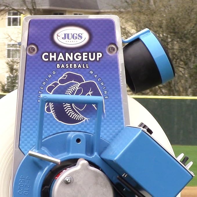 Jugs Changeup Baseball Pitching Machine— New Changeup Feature! Fastballs up to 70 mph and changeups at speeds as Low as 44 mph. Remote Control—Fastball to changeup at The Touch of a Button.