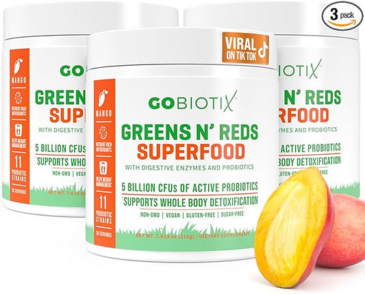 GOBIOTIX Super Greens and Reds Powder - Red and Green Superfood - Probiotic Supplement - Digestive Enzymes and Beet Root Powder - Organic Whole Foods Dietary Supplement (Mango, 3 Pack)