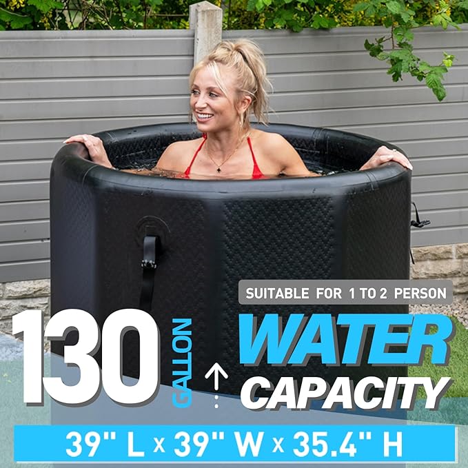 Inflatable Ice Bath Tub for Athletes - Cold Plunge Tub Compatible Water Chiller, Insulated Lid, EVA Groundsheet, Backpack, 130 Gallon, 39" L x 39" W x 35.4" H