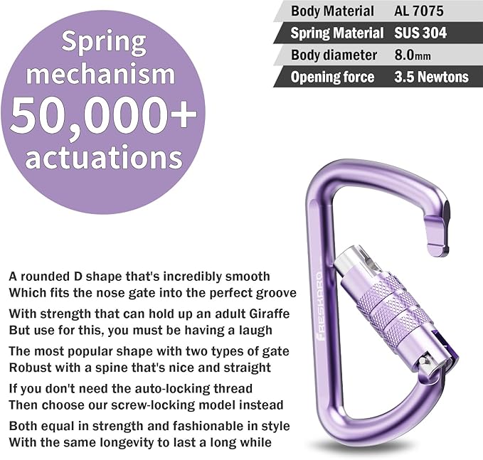 FresKaro 3inch 12kN-2698lbs Auto Locking Carabiner Clips, Solid D Shape, Heavy Duty 7075 Aluminum, Lightweight 1.09oz, Rust Proof, for Hammock, Hiking, Dog Leash, Keychain etc., Multi-Colors