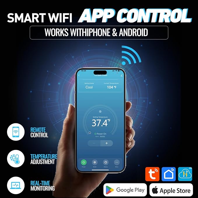 Inflatable Cold Plunge Tub with Chiller, 1 HP Water Chiller for Ice Bath Tub, Hot & Cold Mode Machine with Ozone, Smart WiFi, Dual Filters, Fast Cooling, 130 Gallon, 39" L x 39" W x 35.4" H