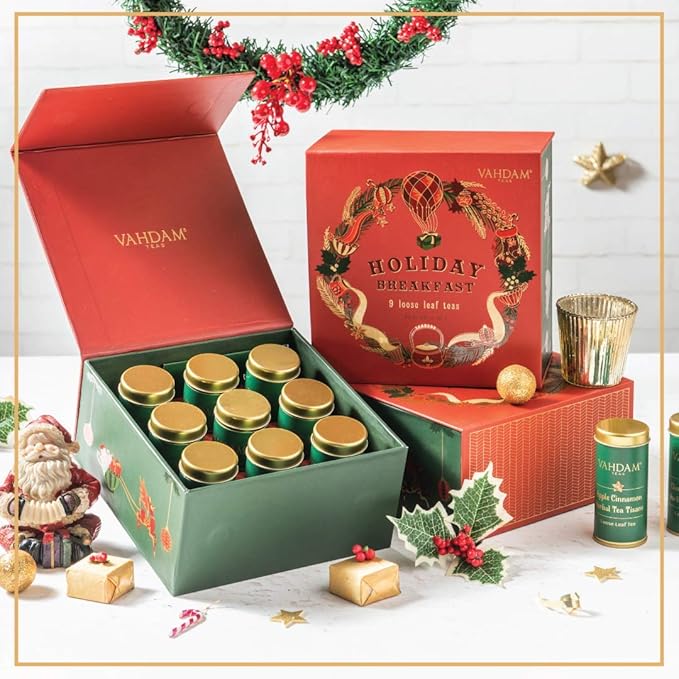 VAHDAM, Holiday Breakfast - Christmas Tea Gift Sets (90+ Cups) 9 Loose Leaf Tea - Luxury Gift Box | Christmas gifts 2024 Ideas | Christmas Gifts For Women, Men & Adults I Holiday Tea Gift Box