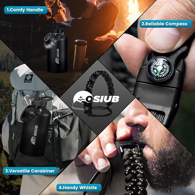 Insulated Water Bottle 87 oz, Triple Wall Vacuum Stainless Steel(Cold for 48 Hrs),Leak Proof & BPA-Free,Half Gallon Water Bottle with Reflective Paracord & Flip Straw for Sports & Travel, Black