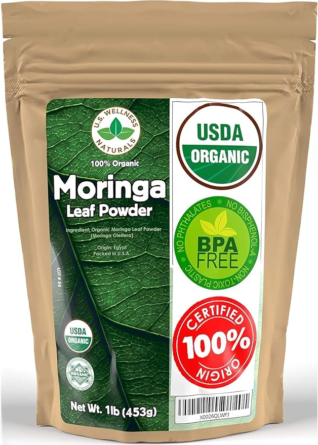 Moringa Powder 1LB (16Oz) 100% Certified Organic| 100% Pure Moringa Leaf NO Stems| - Raw from India | Smoothies | Drinks | Tea | Recipes - Resealable Bag