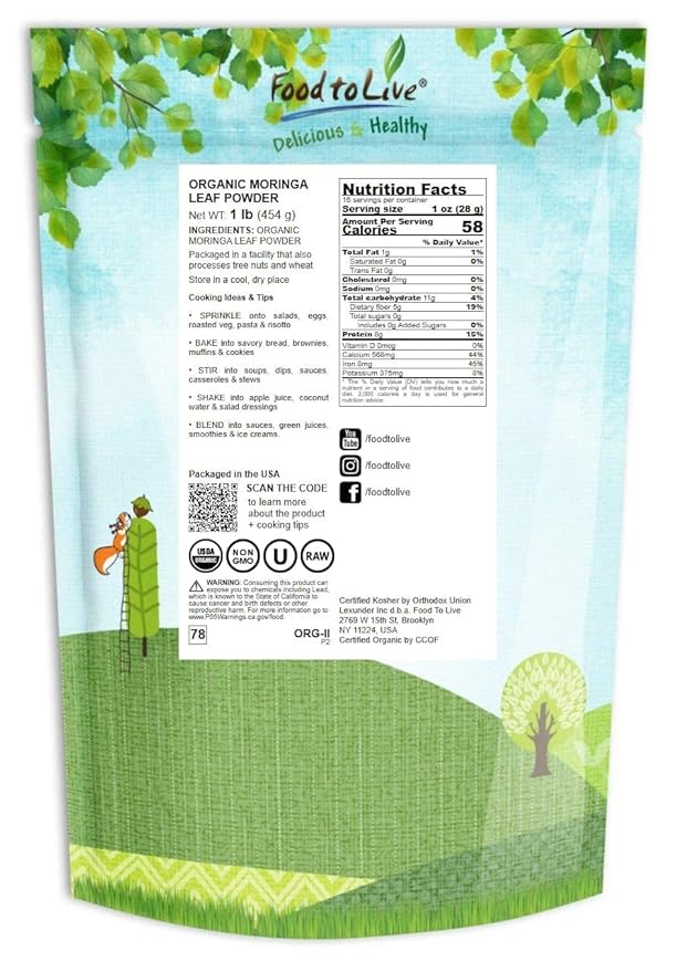 Food to Live Organic Moringa Powder, 1 Pound — Rich in, Non-GMO, Ground Moringa Oleifera Leaf, Raw, Sun-Dried, Vegan, Bulk, Great for Drinks, Teas and Smoothies