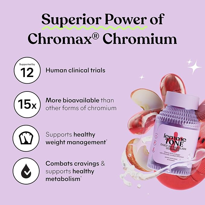 Lemme Tone Metabolism Gummies, Apple Cider Vinegar, Clinically Studied Chromium, B12, Ginger, Promote Lean Body Mass, Watermelon Apple Flavor (30 Day Supply)