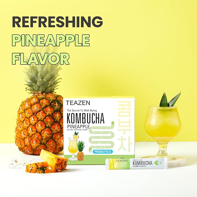 TEAZEN Pineapple Kombucha Tea, Hydration Drink Mix, Sugar Free, Live Probiotics & Prebiotics, 30 Sticks, 5.29oz