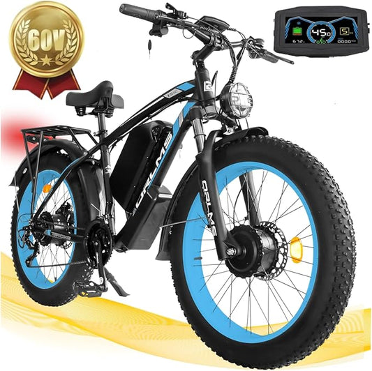 Electric Dirt Bike, 5000W Peak Dual Motor EBike for Adults, 60V 25AH Battery Electric Bike with 40-50MPH Mountain AWD 21-Speed Snow, 26" x 4.0 Fat Tire, Long Range Off-Road