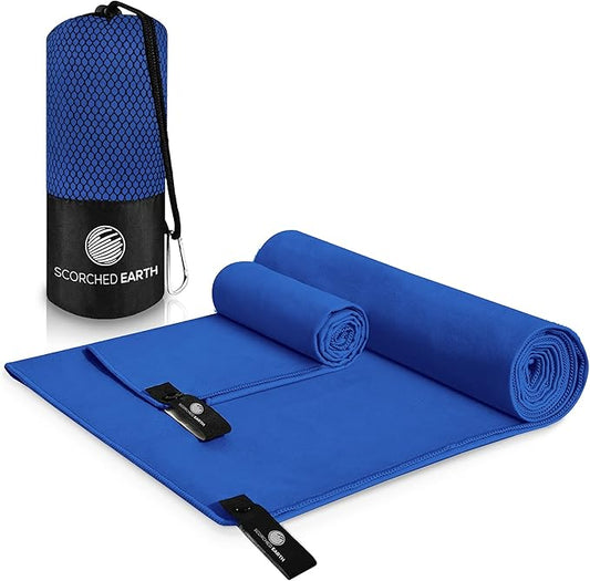 ScorchedEarth Microfiber Travel & Sports Towel Set - Quick Dry, Super Absorbent, Compact, Lightweight - for Camping, Backpacking, Hiking, Beach, Yoga, Swimming - Includes 2 Sizes + Carrying Bag & Clip