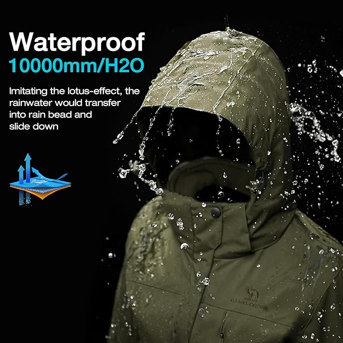 CAMEL CROWN Men's Ski Jacket 3 in 1 Waterproof Winter Jacket Snow Jacket Windproof Hooded with Inner Warm Fleece Coat