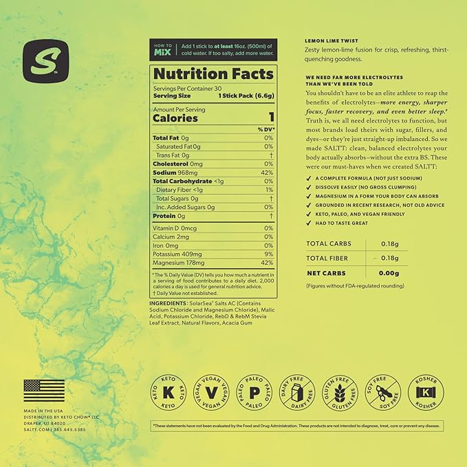 Keto Chow SALTT Electrolytes Powder Packets, Lemon Lime Twist (30 Hydration Packets) - Magnesium, Potassium, Sodium, Trace Minerals - Vegan, Sugar & Gluten Free - Travel Essentials - Made in USA