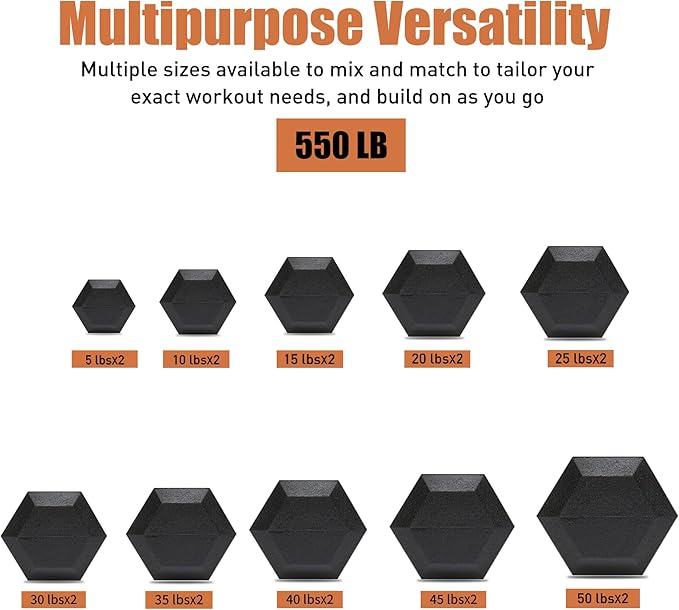Ritafer 6-10 Pair Hex Rubber Dumbbell Set 350/450 and 550 lbsï¼?-50 lbs ）Hand Free Weight for Strength Coated Encased Iron Weights with Dumbbells Storage Rack Home Gym