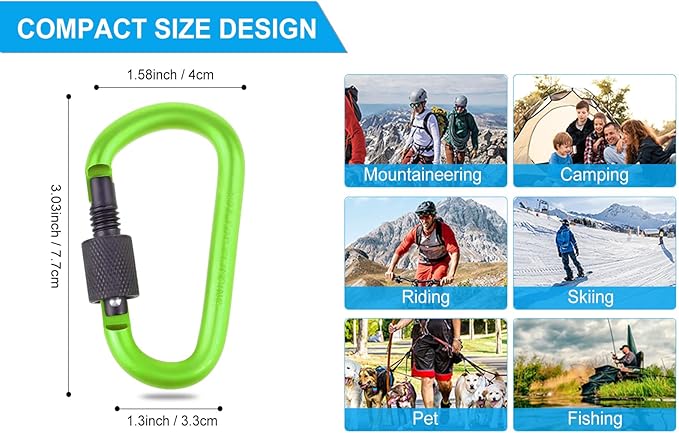 10 Pack Aluminum D Ring Key Rings Hiking Clips Locking Carabiner for Hiking Camping Fishing and Outdoor Use，Clips with Screw Gate Multicolored