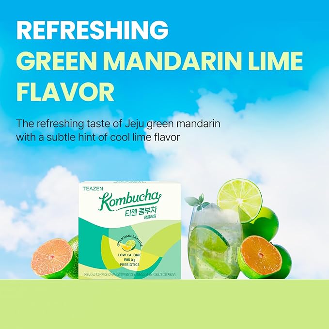 TEAZEN Green Mandarin Lime Kombucha Tea, Hydration Drink Mix, Sugar Free, Live Probiotics & Prebiotics, 30 Sticks, 5.29oz