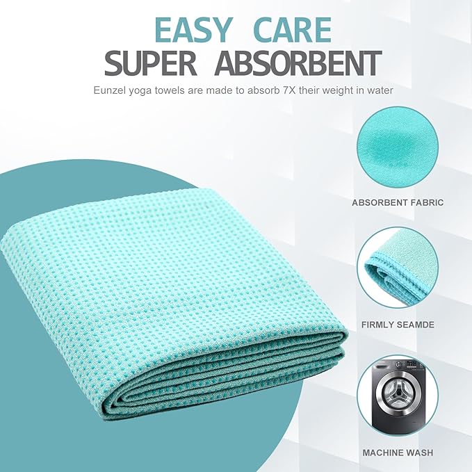 Eunzel Yoga Towel,Hot Yoga Mat Towel with Grip Dots Sweat Absorbent Non-Slip for Hot Yoga, Pilates and Workout 24" x72", Teal