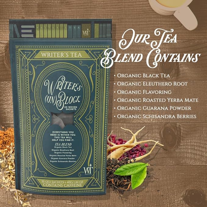 Writer's Tea Writer's (Un) Block - Focus Tea - Black Tea, Eleuthero Root, Flavoring, Roasted Yerba Mate, Guarana Powder, and Schisandra Tea Blend - Contains Caffeine - 20 Woven Sachets