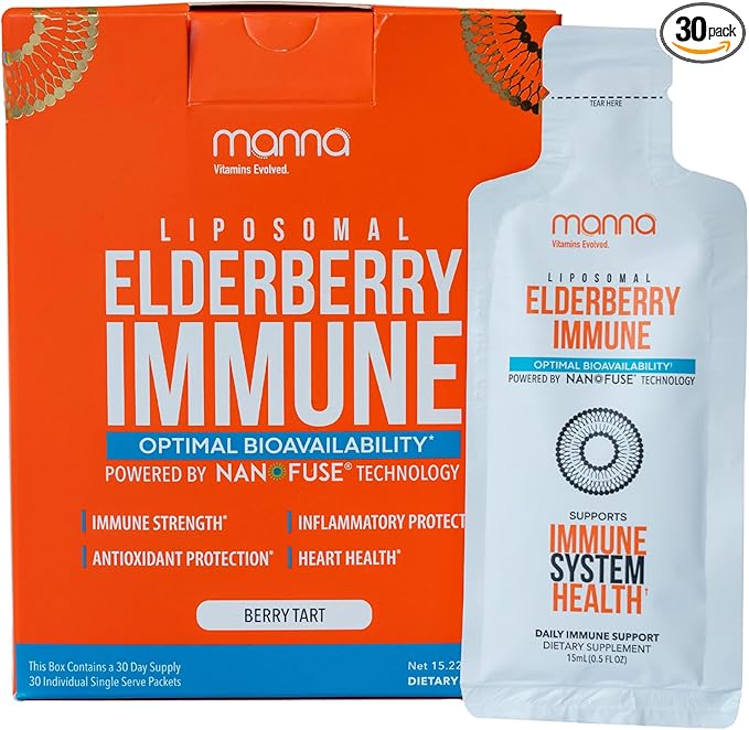 Manna Vitamins Evolved Liposomal Elderberry Immune Packets – Vitamins C, D, Zinc etc. - Daily Immune Support for Adults, Kids - Sugar Free, Real Elderberry Extract, Syrup, Travel-Friendly, 30 Pack