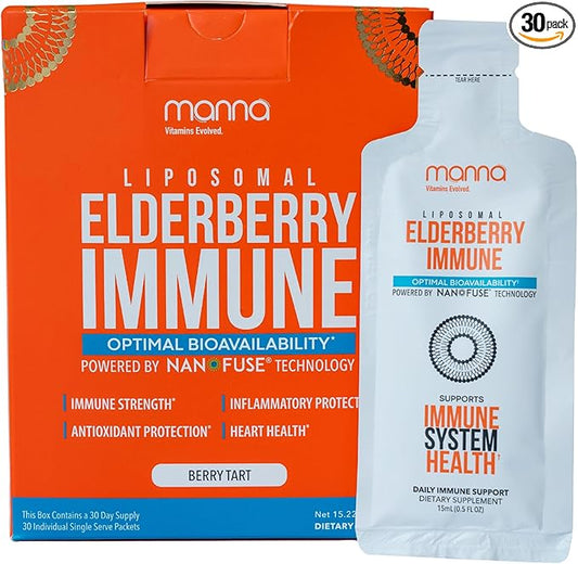 Manna Vitamins Evolved Liposomal Elderberry Immune Packets – Vitamins C, D, Zinc etc. - Daily Immune Support for Adults, Kids - Sugar Free, Real Elderberry Extract, Syrup, Travel-Friendly, 30 Pack
