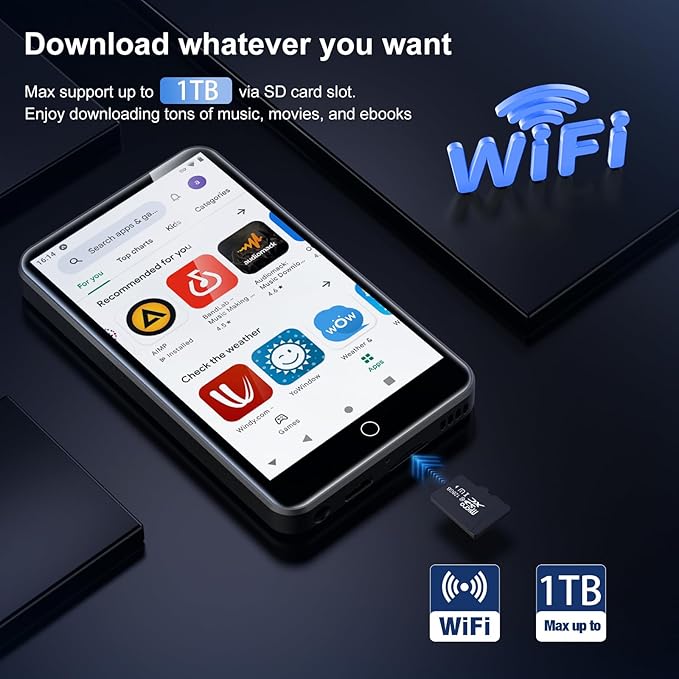 80GB MP3 Player with Bluetooth and WiFi, ZAQE 4" HD Full Touch Screen MP3 Player with Spotify, Amazon Music,YouTube,Pandora,Libby,Android MP4 Music Player for Kids (Black)