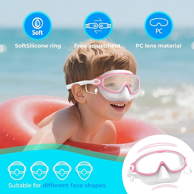Swim Goggles for Kids 3-15 with Earplugs Large Frame Anti-Fog/UV Swimming Goggles for Boys Girls Toddler 2PCS