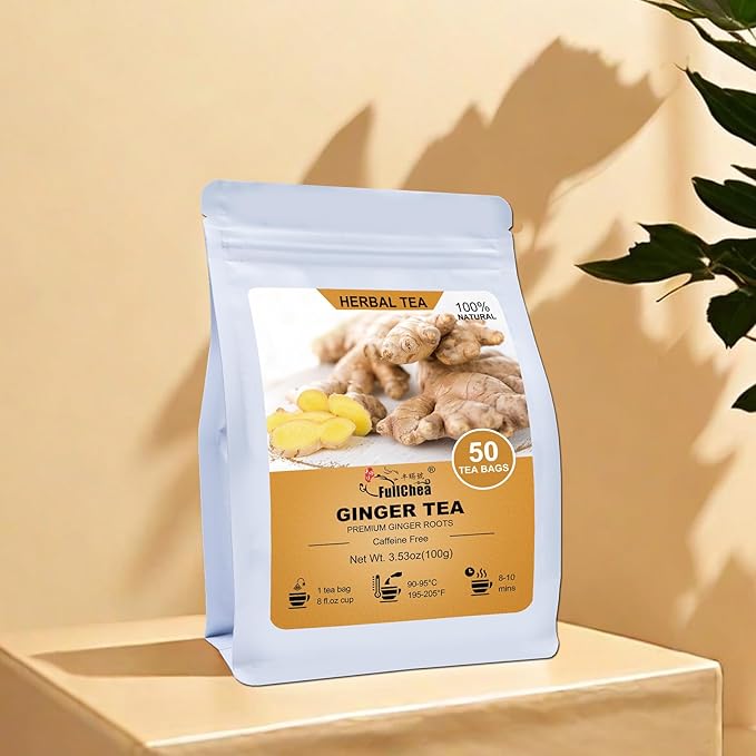 FullChea - Ginger Tea Bags, 50 Teabags, 2g/bag - Premium Ginger Root Tea Bag - Warm & Spicy - Non-GMO - Caffeine-free - Support Digestion & Boost Immunity