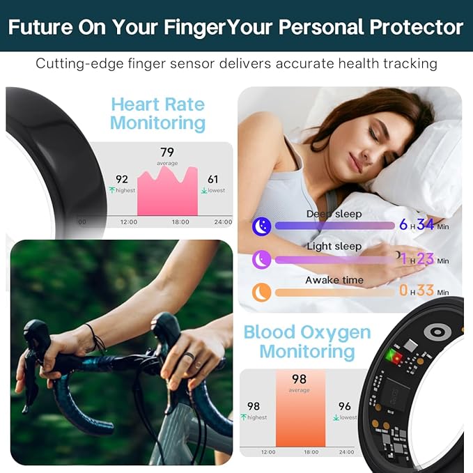 Smart Rings for Women Men,Fitness Tracker Ring,Heart Rate,Blood Oxygen,Blood Pressure,Step Tracker,Sleep Monitoring,No Subscription Fee,IP68 Waterproof Smart Ring for iPhone&Android(Gold 9)