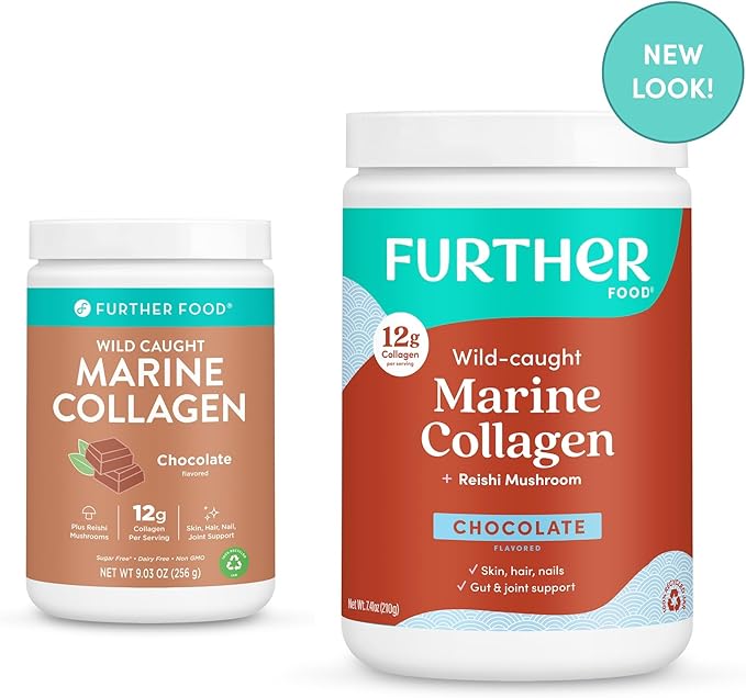 Further Food Chocolate Marine Collagen Peptides Powder, Wild Caught, Sustainable, Type 1, 2 & 3 Collagen, Gut + Joint Support, Hair, Skin, Nails, Sugar-Free 7.41 oz