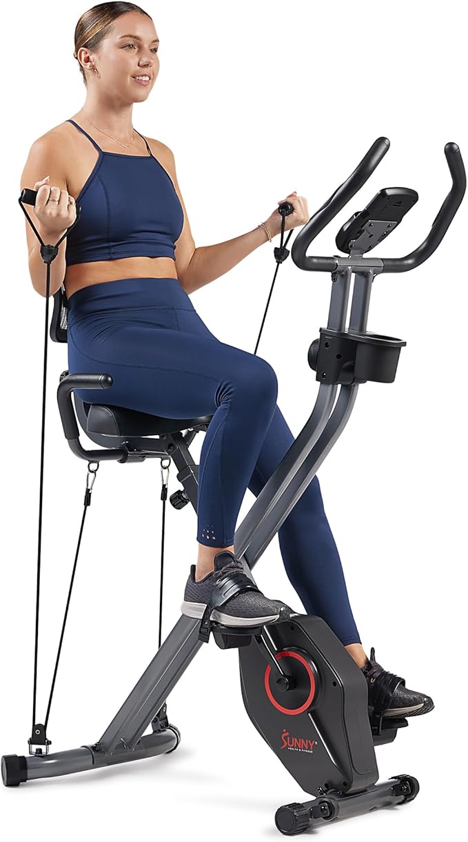 Sunny Health & Fitness Smart Folding X-Bike, Portable Compact Exercise Bike for Indoor Cycling Workout, Home Cardio Training Machine, Free SunnyFit App Bluetooth Connect, Optional Foldable Recumbent