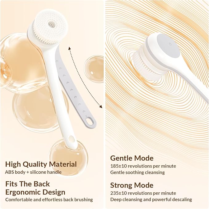 Electric Body Brush Back Scrubber for Shower, Waterproof Long Dual Handle Power Body Scrubber with 3 Heads, Rechargeable Bath Brush & 2 Speeds, for Cleansing, Exfoliating and Massaging Skin