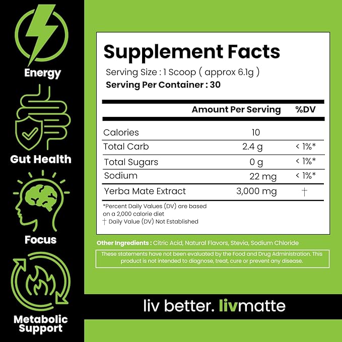 LivMatte Yerba Mate Instant Tea Drink Mix Powder Extract– Natural Yerba Mate Lemon Flavored Drink Mix Plant Extract Caffeine Alternative (Lemon)