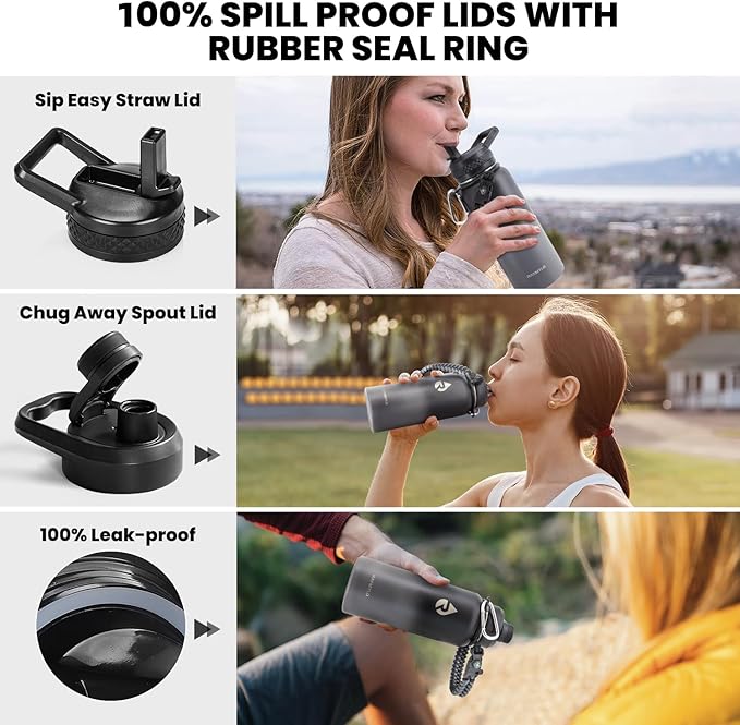 Insulated Water Bottle 32 oz, Triple Wall Vacuum Stainless Steel (Cold for 48 Hrs), Leak Proof & Non-BPA, Modern Water Flask Jug with Paracord Handle & Straw Spout Lids, Dark Grey