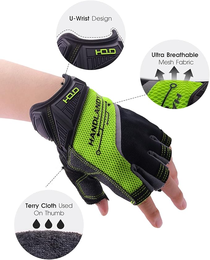 HANDLANDY Fingerless Work Gloves for Men Utility Padded Half Finger Driving Working Gloves (Medium, Green)