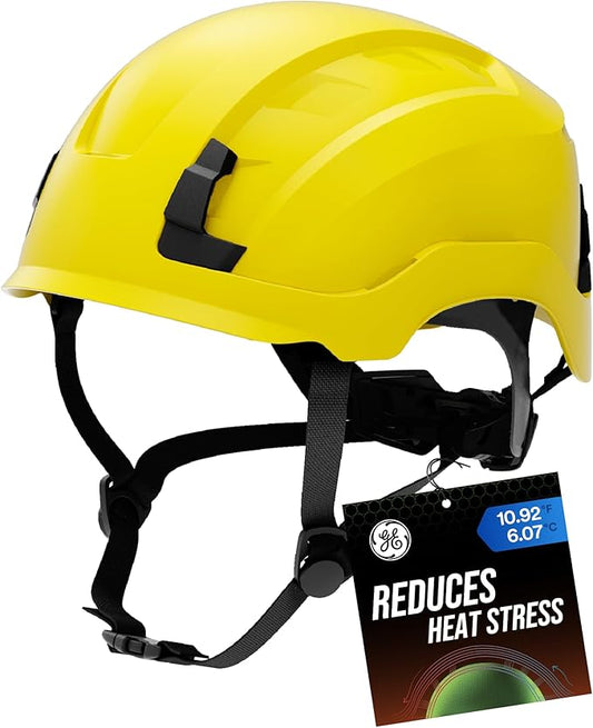 GE Safety Helmet, Impact Absorbing Tech, Adjustable Ratchet, ANSI Type 1, Memory Foam Padding, Hard Hats Protection, Lightweight, Durable, Chin Strap, Comfortable Fit OSHA Approved