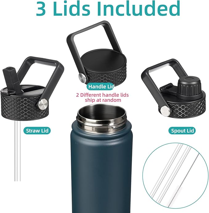 Insulated Water Bottle 24oz Stainless Steel Sport Bottles with 3 Lids,Navy Blue