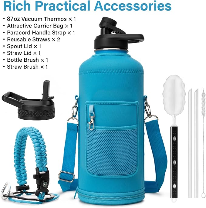 Insulated Water Bottle | Thickened Stainless Steel for Gym and Hiking with Straw, Carrier Bag, Handle Strap | BPA-Free 87 oz
