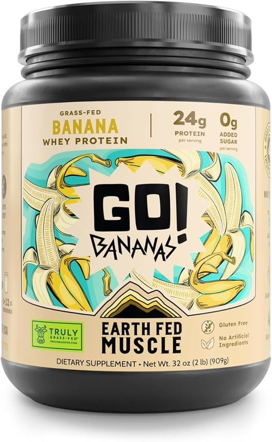 Earth Fed Muscle Go! Bananas Irish Grass‑Fed Whey Protein Isolate – All Natural Banana Flavor, Zero Added Sugar, Soy‑Free, Gluten‑Free (2lb, 27 Servings, Banana)